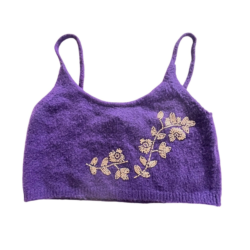 Zara Crop Top Womens M Indie Purple Knit Beaded Floral Y2K Whimsygoth Camisole - Picture 2 of 6